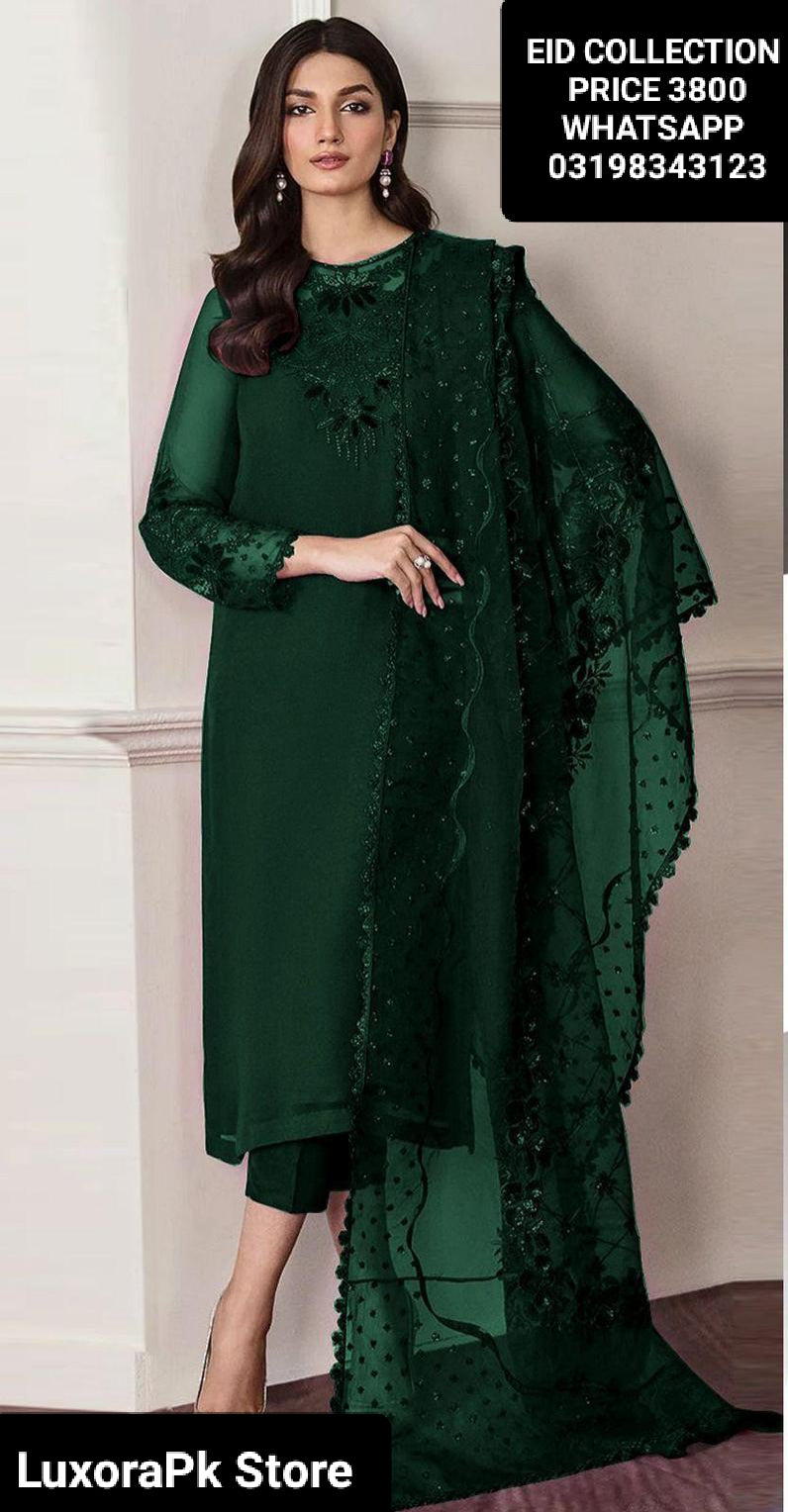 3 Pcs Women's Unstitched Chiffon Embroidered Suit